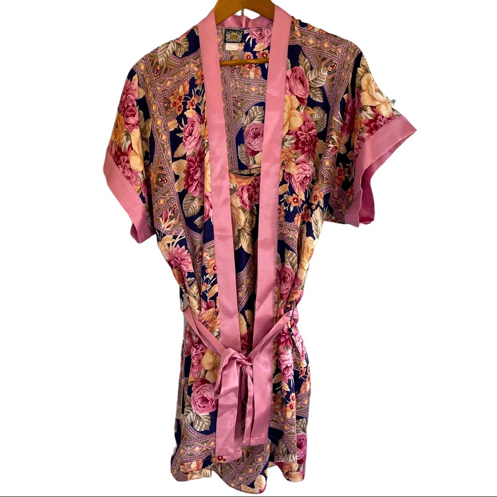 Vintage CIRCA 2000 Peignoir Set Sz M Pink Roses Floral Short Slip Nightie Robe